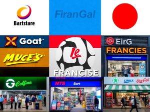 Logo-uri de francize internaționale pe fundal urban vibrant.