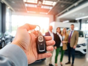 Mașini, chei franciză, oameni de afaceri bucuroși, sediu elegant.