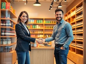 Doi antreprenori tineri zâmbitori dau mâna într-un magazin modern luminos