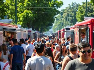 Food trucks cu cozi lungi de oameni în fața lor.