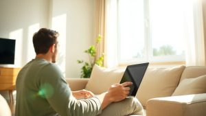 Femeie lucrează pe laptop într-un living luminos.