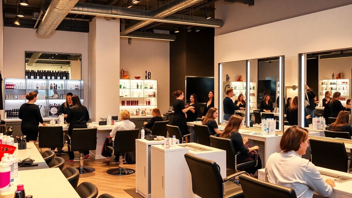 Salon modern de înfrumusețare plin cu clienți și stiliști