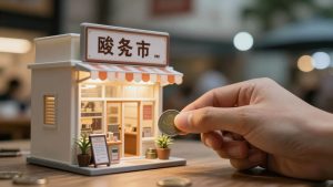 Mână pune monedă în vitrină mică, afacere profitabilă.